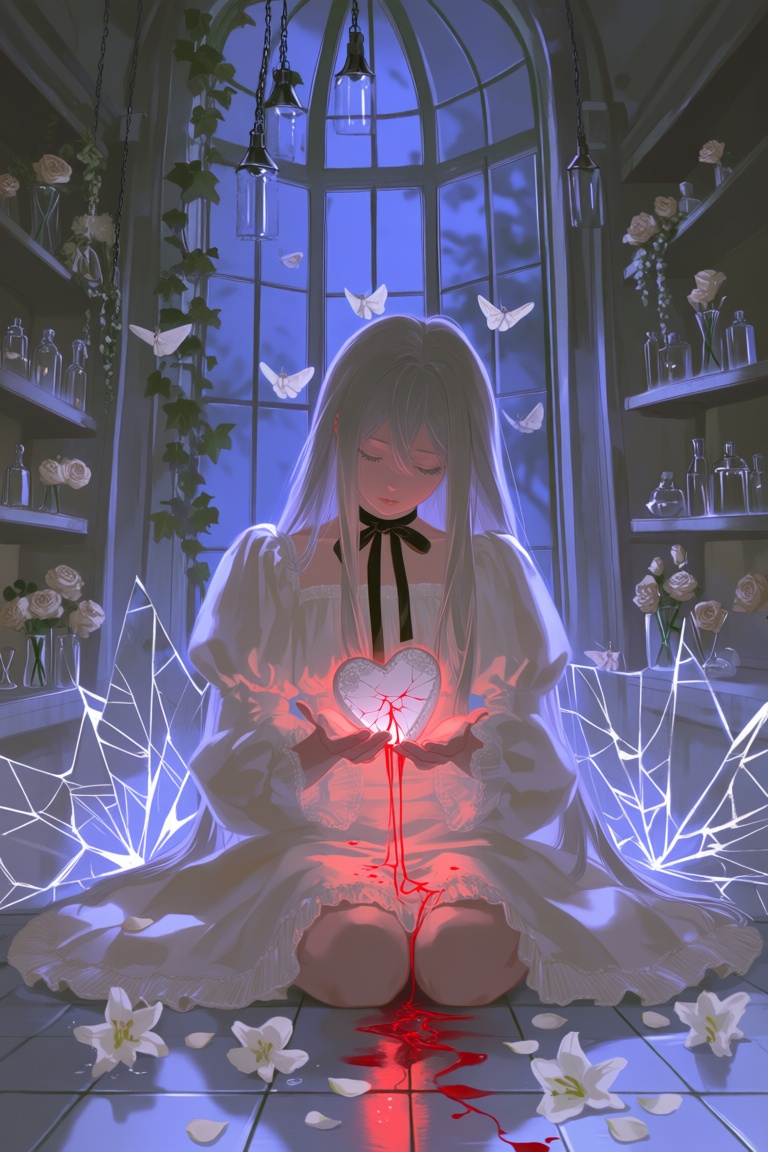 FggRn,  Kneeling young woman in a moonlit greenhouse cradles a cracked porcelain heart leaking luminous crimson threads,...