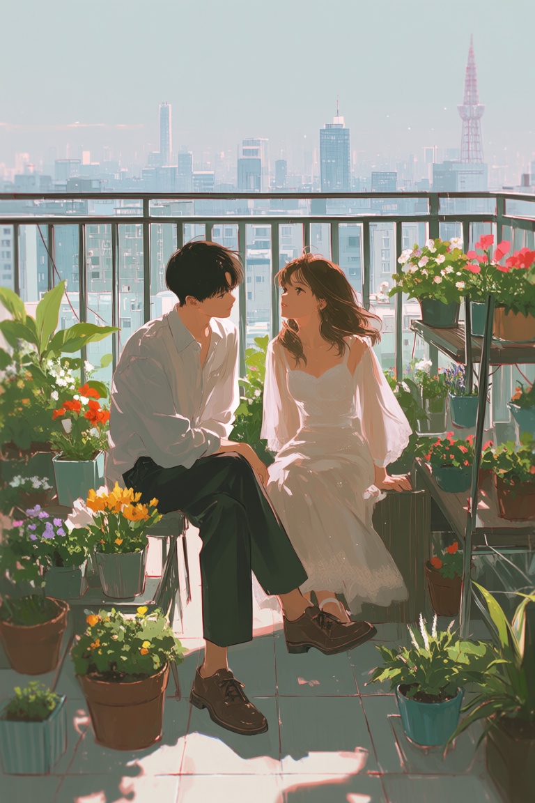 FggRn,  A young man and a woman are seated in a rooftop garden. The scene features a mix of flowers,  potted plants on Ten...