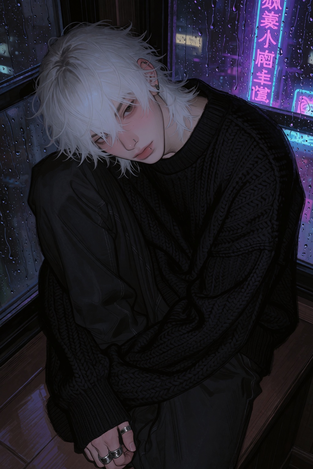 highres,  absurdres,  @4**0D4YX A soft-featured young man sits curled up on a wide on Tensor.Art