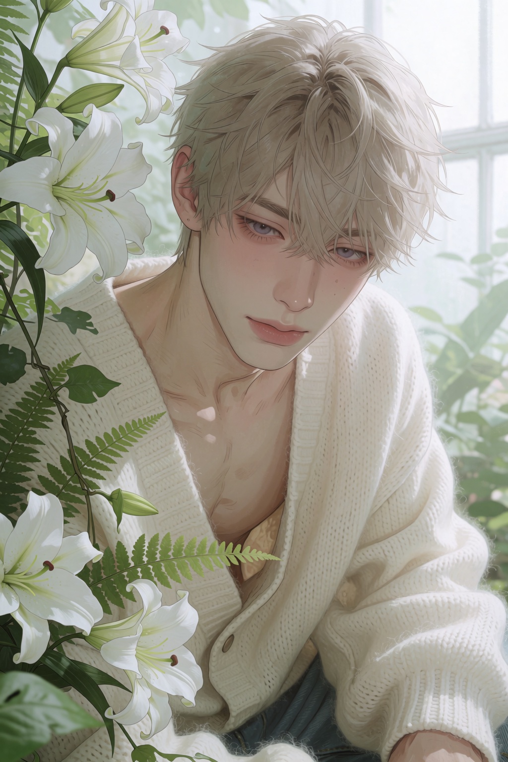 highres,  absurdres,  @4**0D4YX A young man with light ash-blonde hair and pale lavender eyes looks gently downward on Ten...