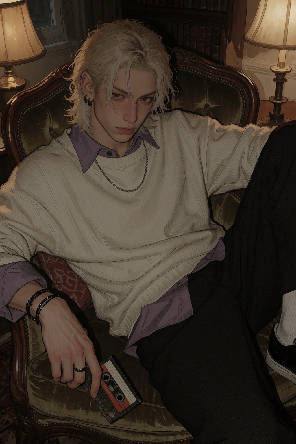 highres,  absurdres,  @4**0D4YX A young man with wavy platinum-blond hair tucked behind one ear lounges across a vintage v...