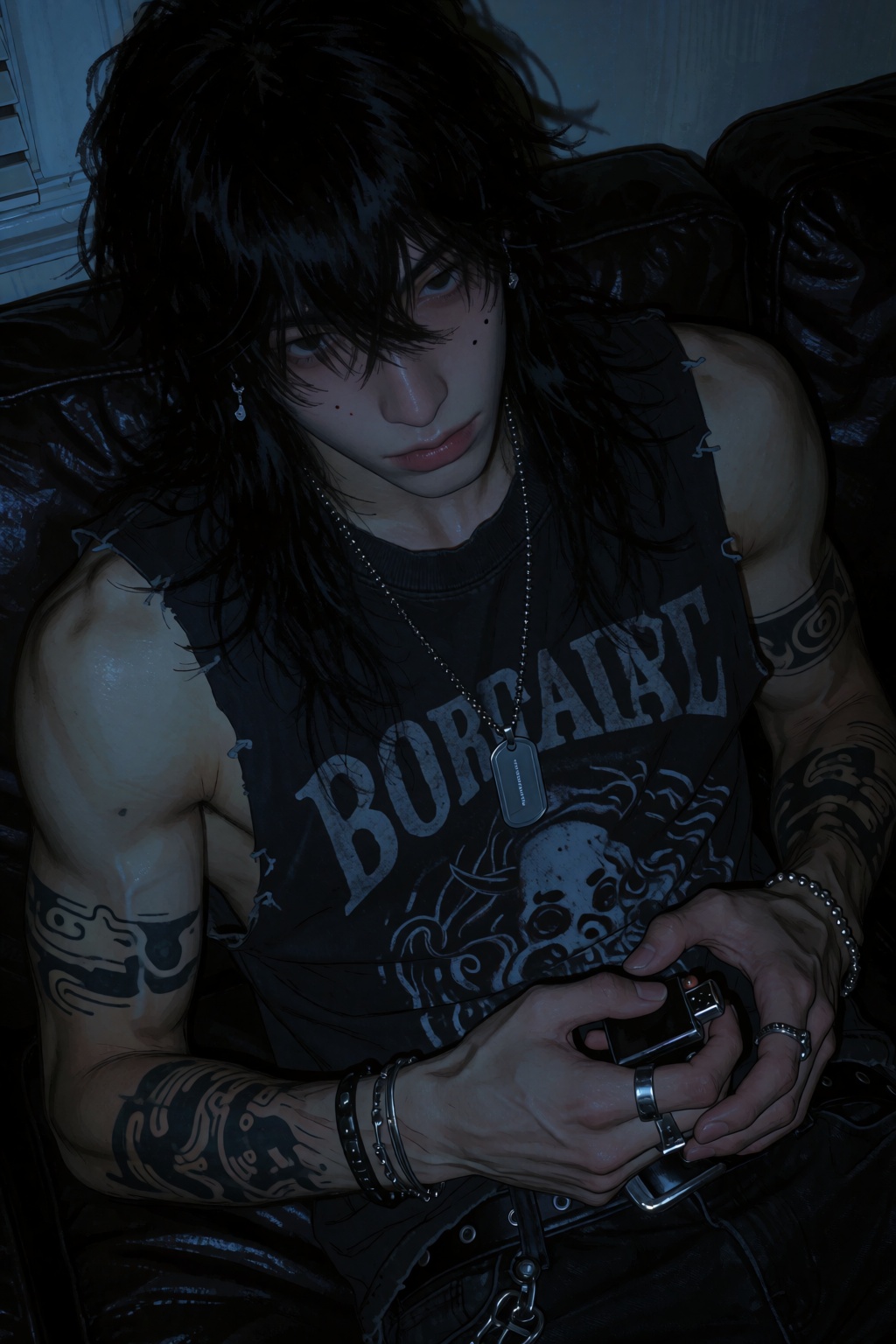 highres,  absurdres,  @4**0D4YX 16. A young man with long messy black hair leans back against a dark leather couch. He wea...
