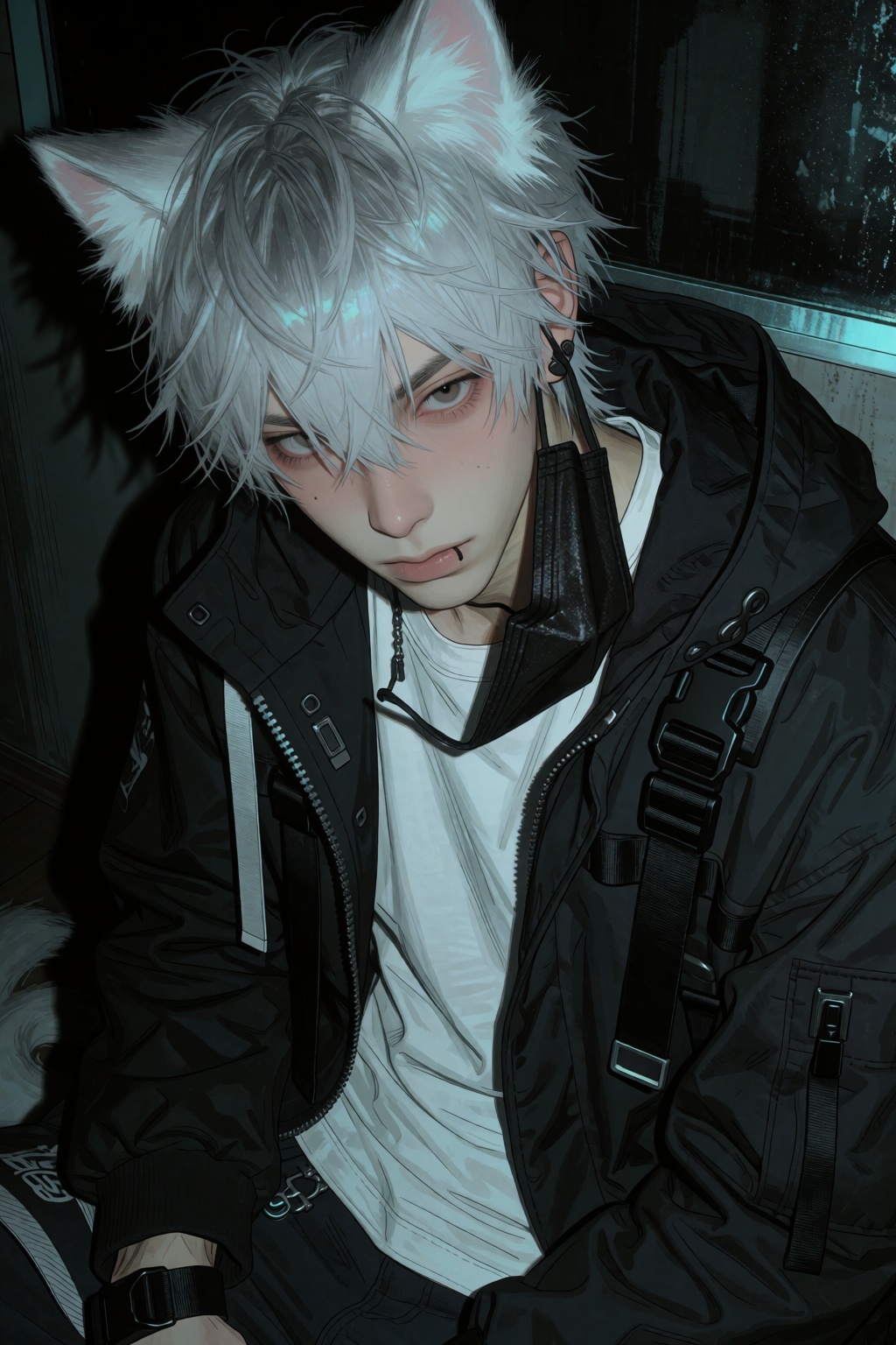 highres,  absurdres,  @4**0D4YX 10. A young man with messy silver hair and white feline ears gazes intensely forward on Te...