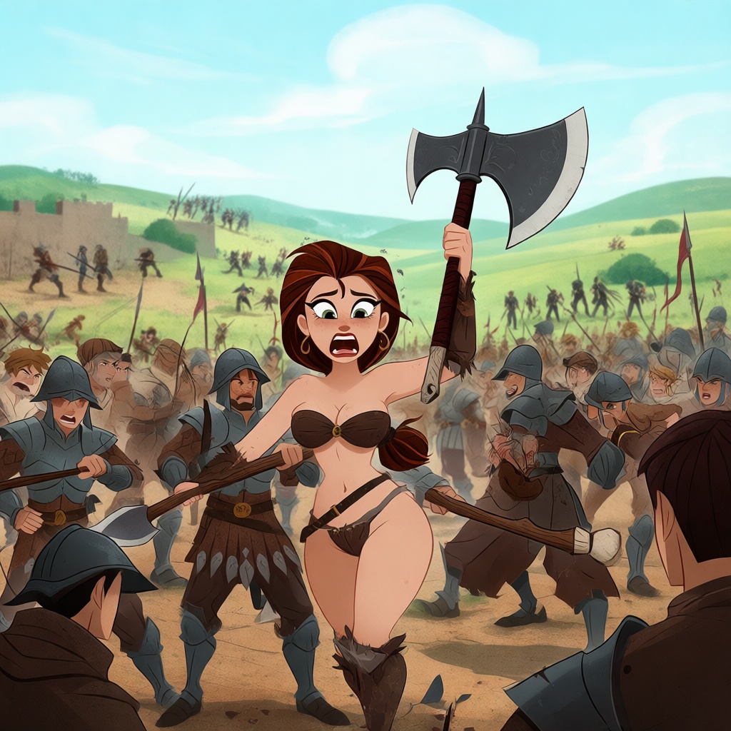 A barbarian woman with a battle axe roars as she tears her way through a hectic battlefield on Tensor.Art