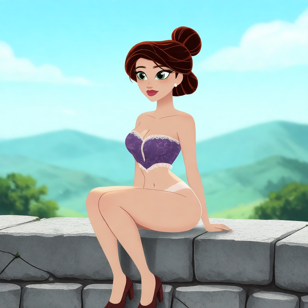 Masterpiece,  best quality,  a woman sitting on a stone wall on Tensor.Art