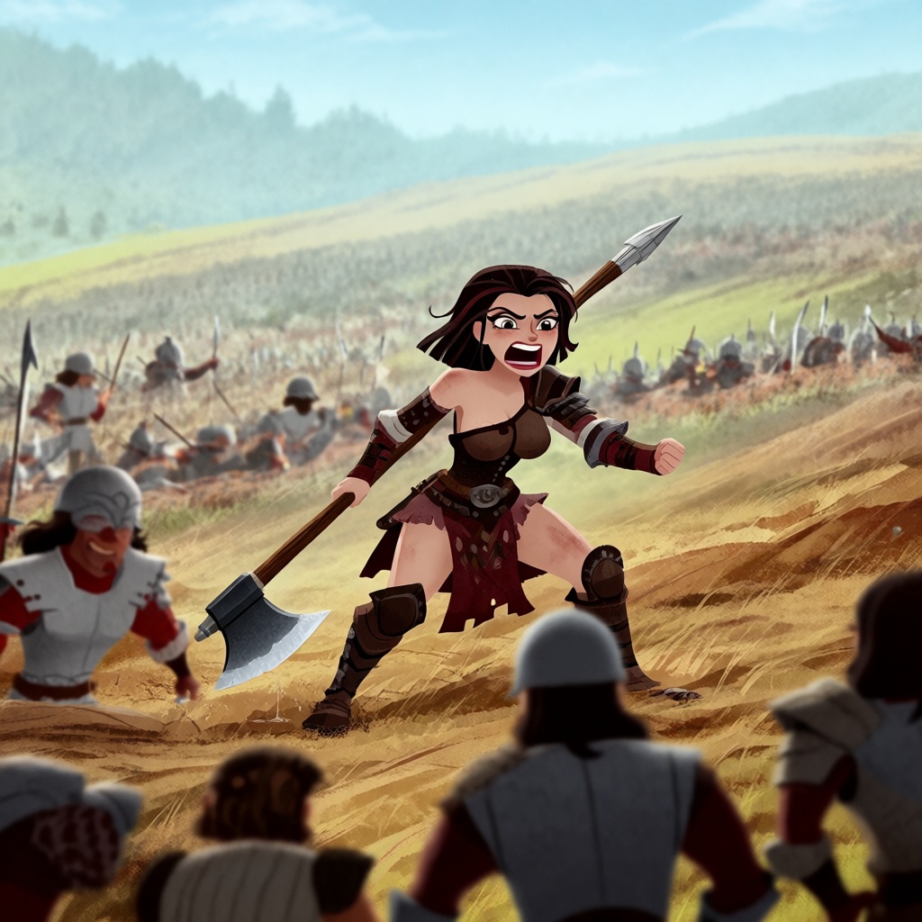 Masterpiece,  best quality,  A barbarian woman with a battle axe roars as she tears her way through a hectic battlefield o...