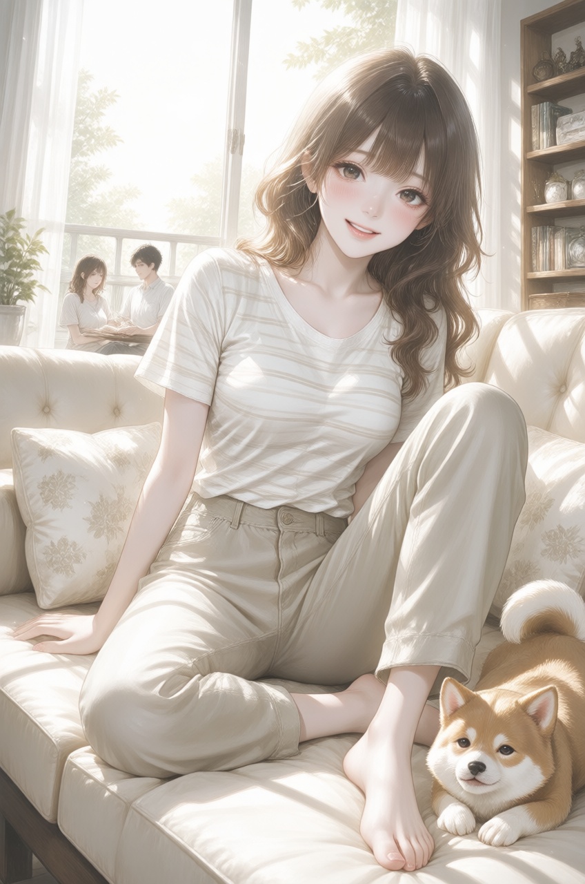 A young,  cheerful girl with long,  wavy brown hair is sitting barefoot on a cozy cream-colored couch. She is wearing a si...
