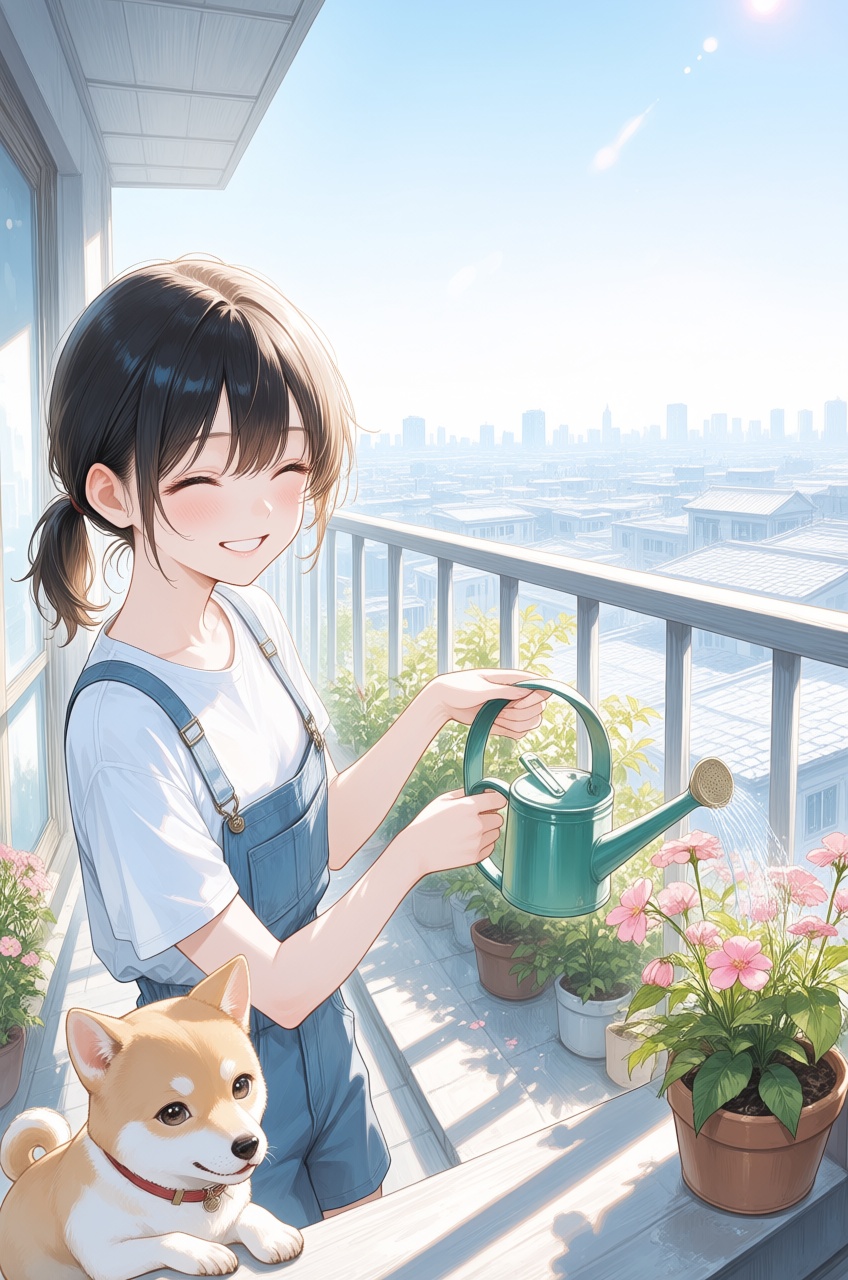 A young,  smiling girl with her hair tied back is watering plants on her balcony. She's wearing a white shirt and blue ove...