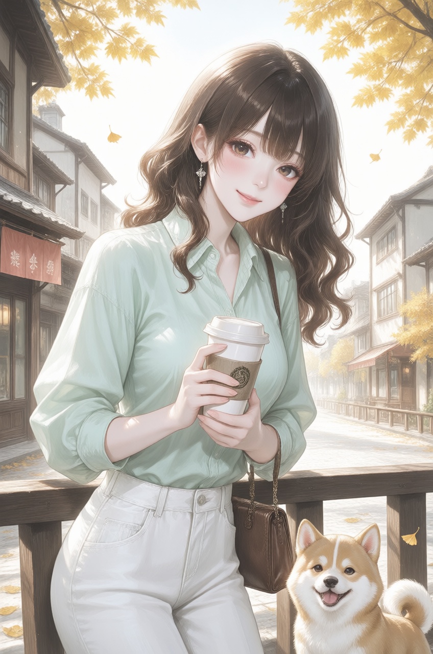 A charming anime girl with beautiful wavy brown hair and a gentle smile,  holding a coffee cup and a handbag. She's wearin...