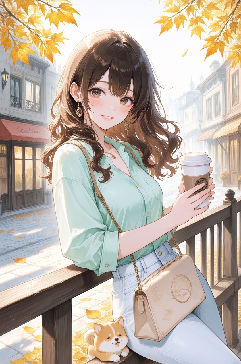 A charming anime girl with beautiful wavy brown hair and a gentle smile,  holding a coffee cup and a handbag. She's wearin...