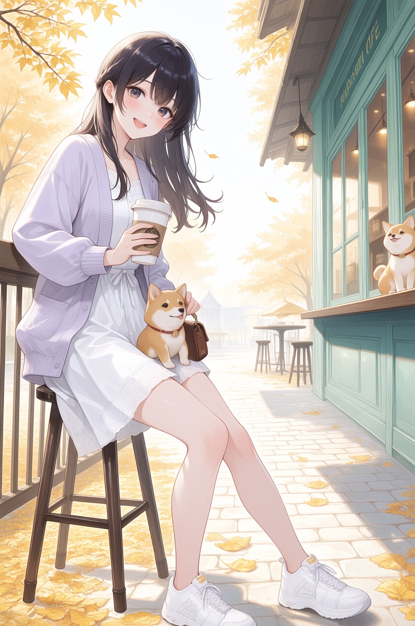 A young,  cheerful girl with long dark hair is sitting on a stool outside a cafe on an autumn day. She is wearing a light...