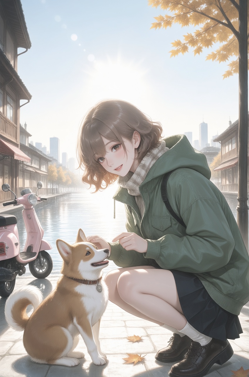 A charming anime girl with short,  wavy hair,  wearing a green puffy jacket on Tensor.Art