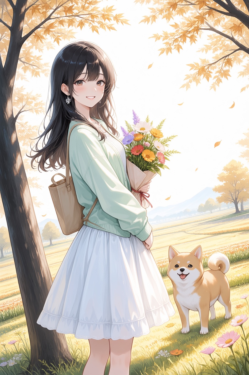 A young,  smiling girl with long dark hair is standing in a field of wildflowers. She's wearing a light green cardigan,  a...
