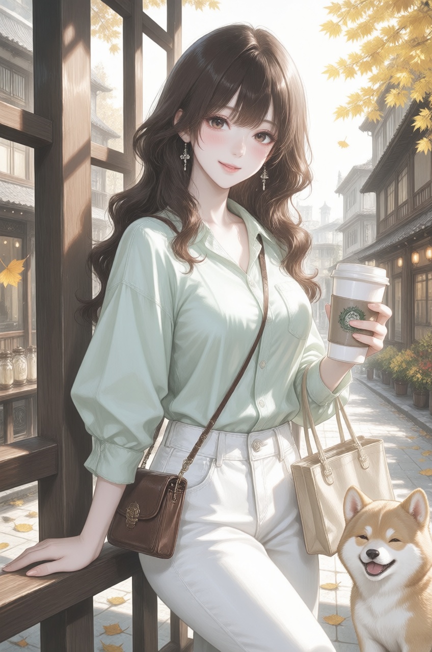 A charming anime girl with beautiful wavy brown hair and a gentle smile,  holding a coffee cup and a handbag. She's wearin...