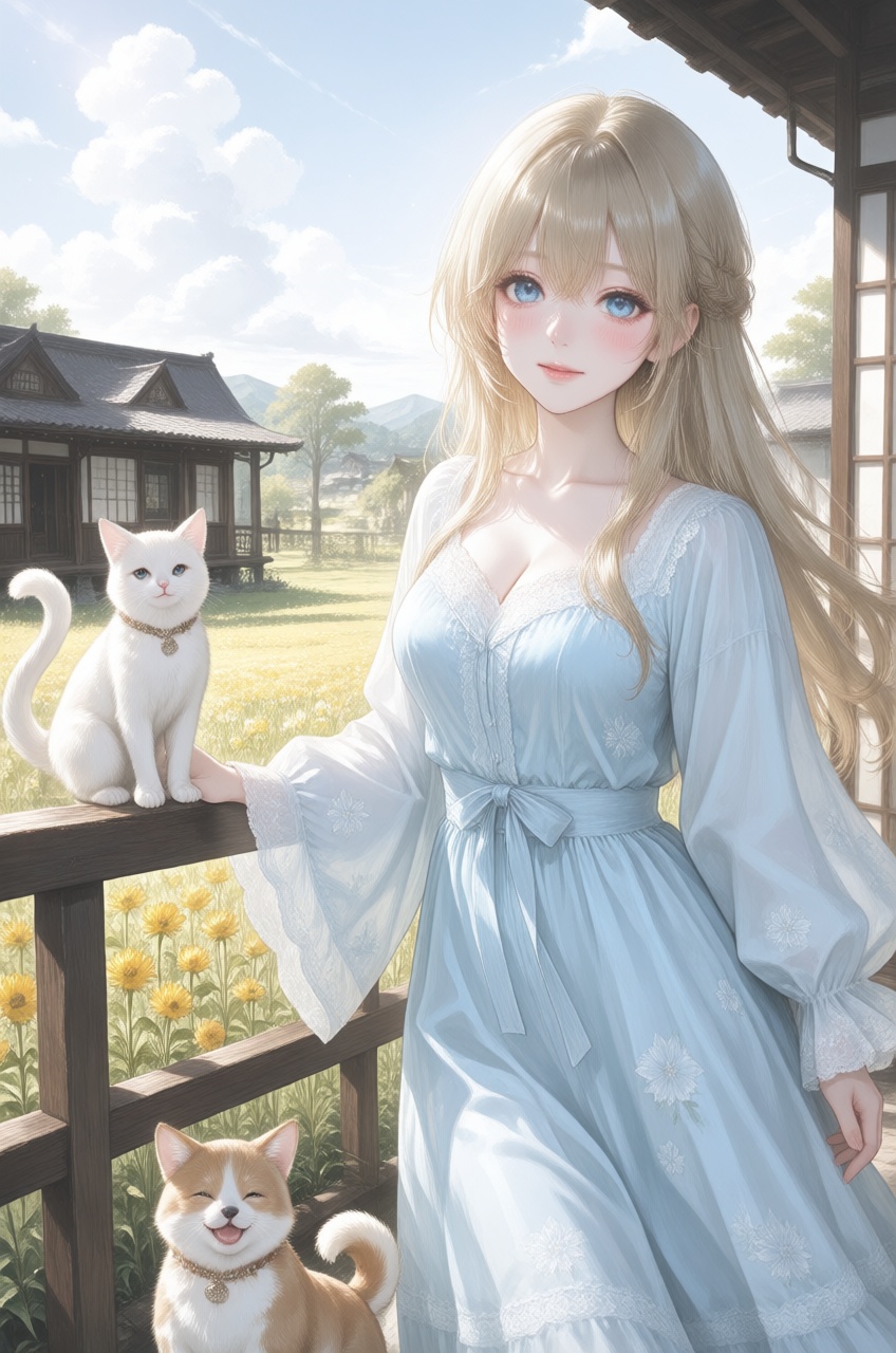 A charming anime girl with long blonde hair and bright blue eyes,  wearing a beautiful flowing blue floral dress. She's st...