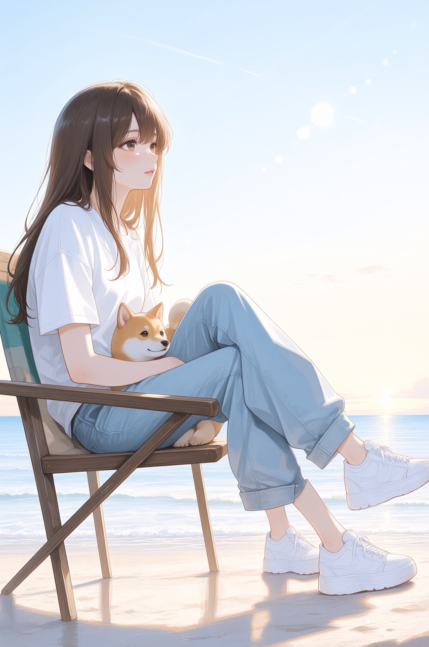 A young,  relaxed girl with long brown hair is sitting in a beach chair,  enjoying the beautiful view of the ocean. She is...