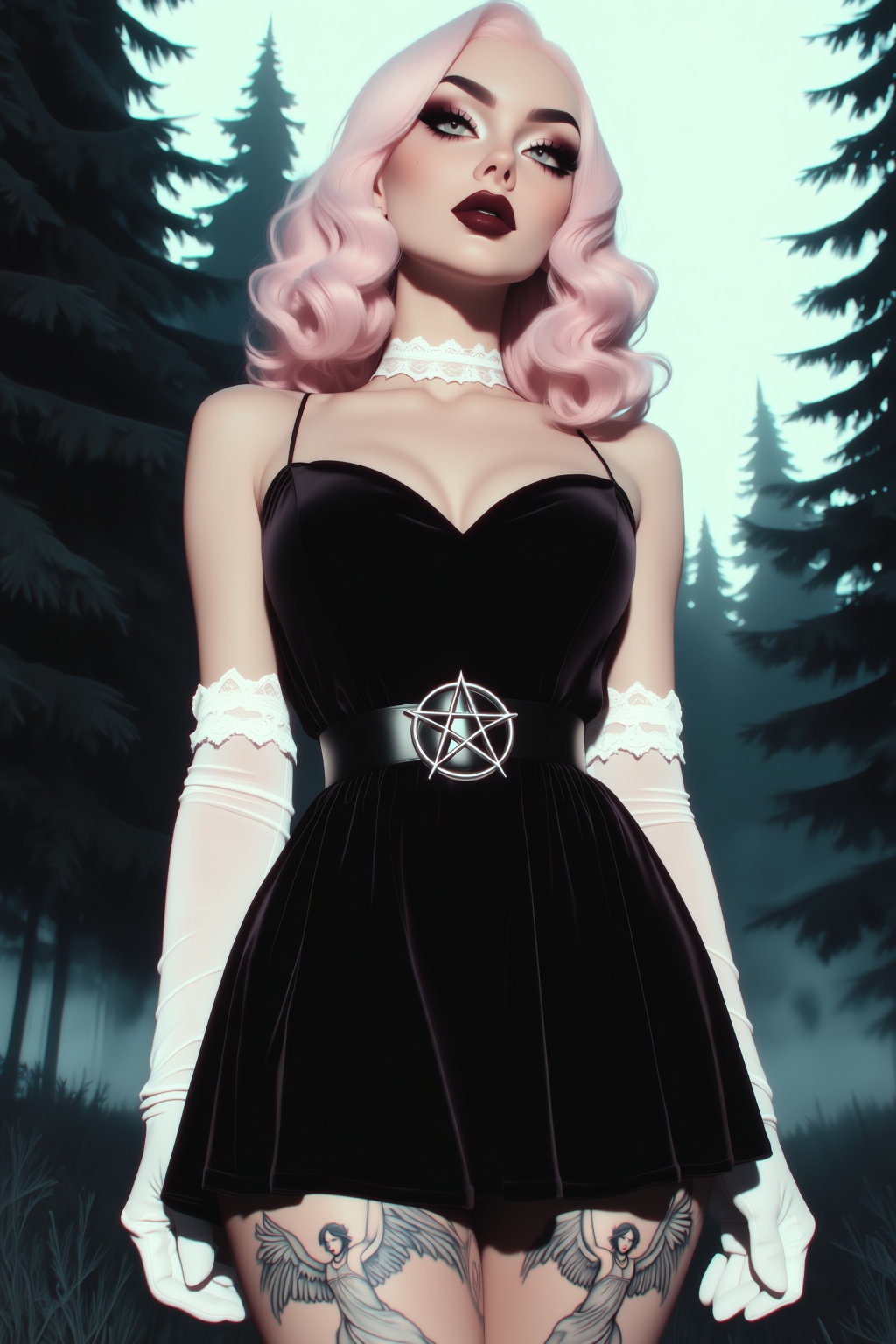 highres,  absurdres,  @B3R1THRX A woman with voluminous pastel-pink wavy hair stands in a misty forest on Tensor.Art