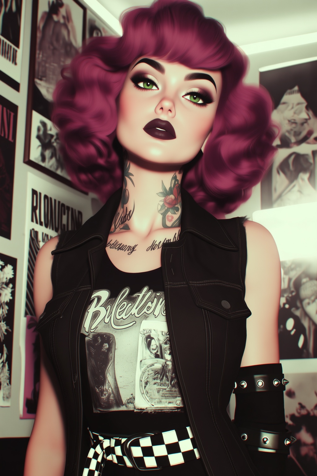 highres,  absurdres,  @B3R1THRX A woman with voluminous magenta curls and bold green eyes gazes directly forward on Tensor...