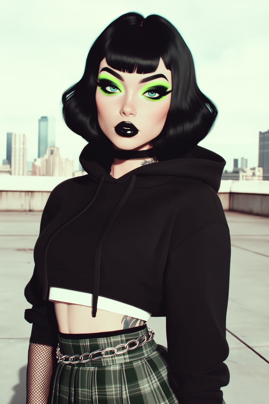 highres,  absurdres,  @B3R1THRX A woman with short black bob hair and bangs stands on a concrete rooftop on Tensor.Art