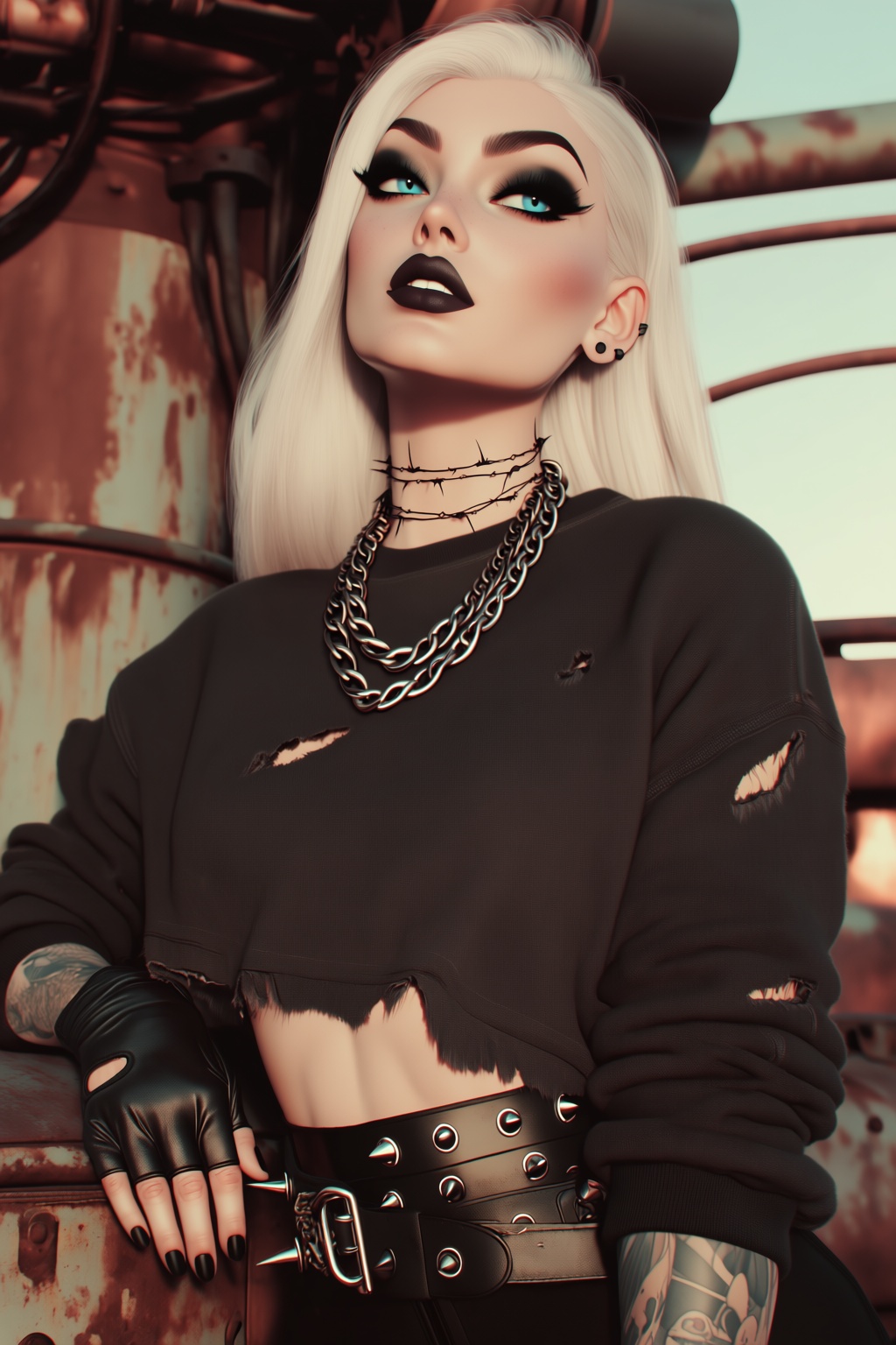 highres,  absurdres,  @B3R1THRX A woman with platinum blonde hair and dramatic makeup—thick black winged eyeliner on Tenso...