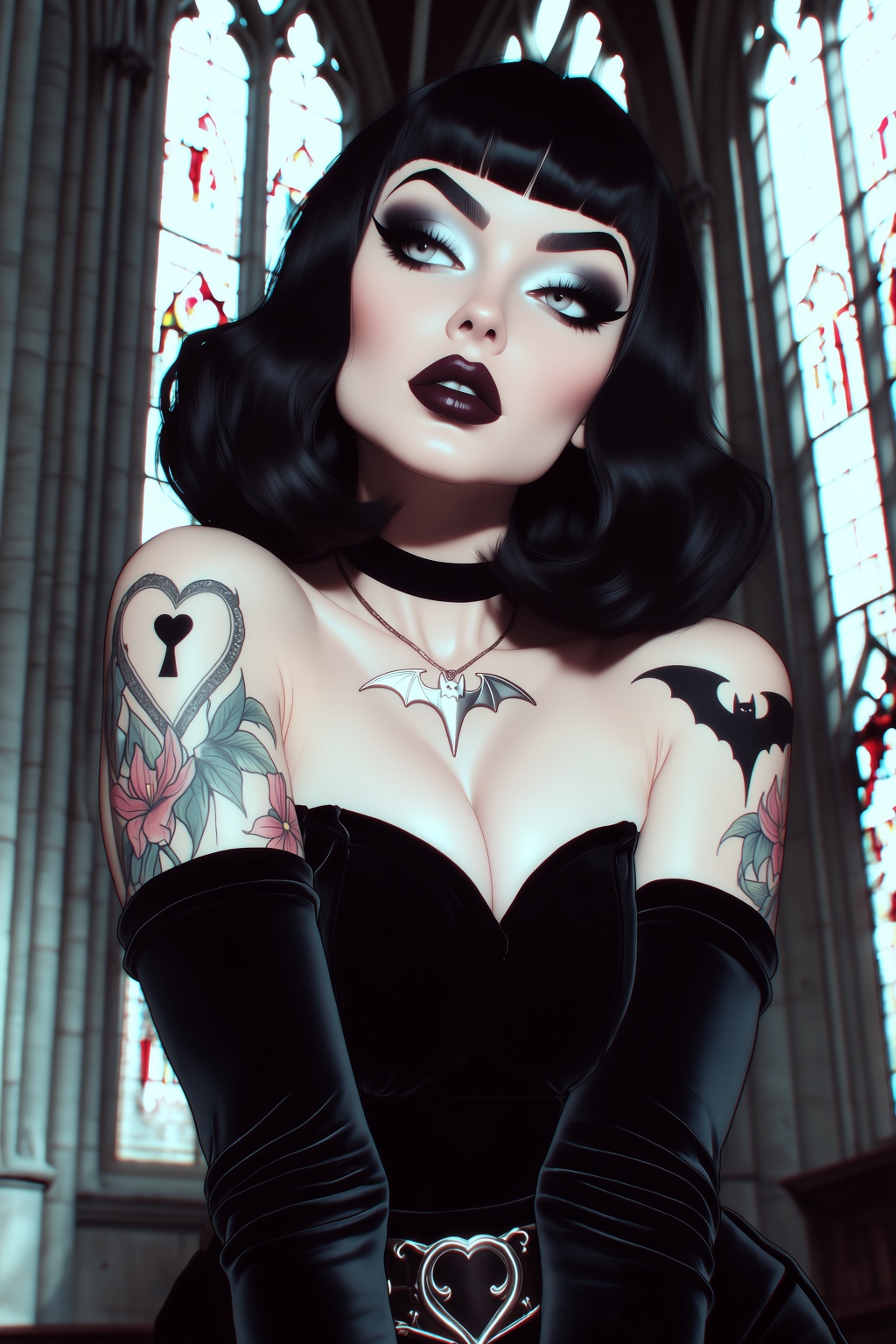 highres,  absurdres,  @B3R1THRX A woman with voluminous black bob hair and sharp bangs gazes upward on Tensor.Art