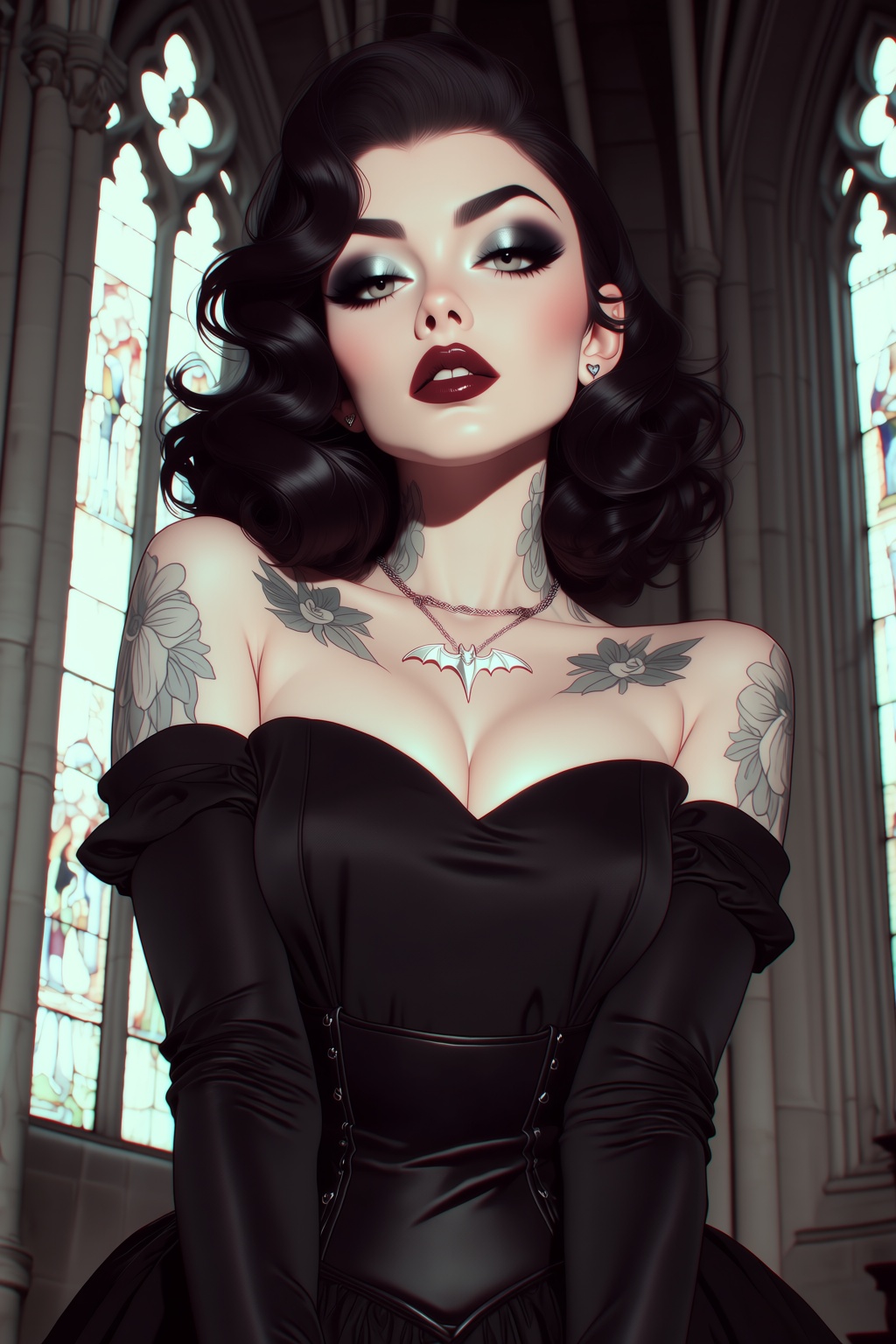 highres,  absurdres,  @B3R1THRX A woman with voluminous dark wavy hair and dramatic makeup—winged eyeliner on Tensor.Art