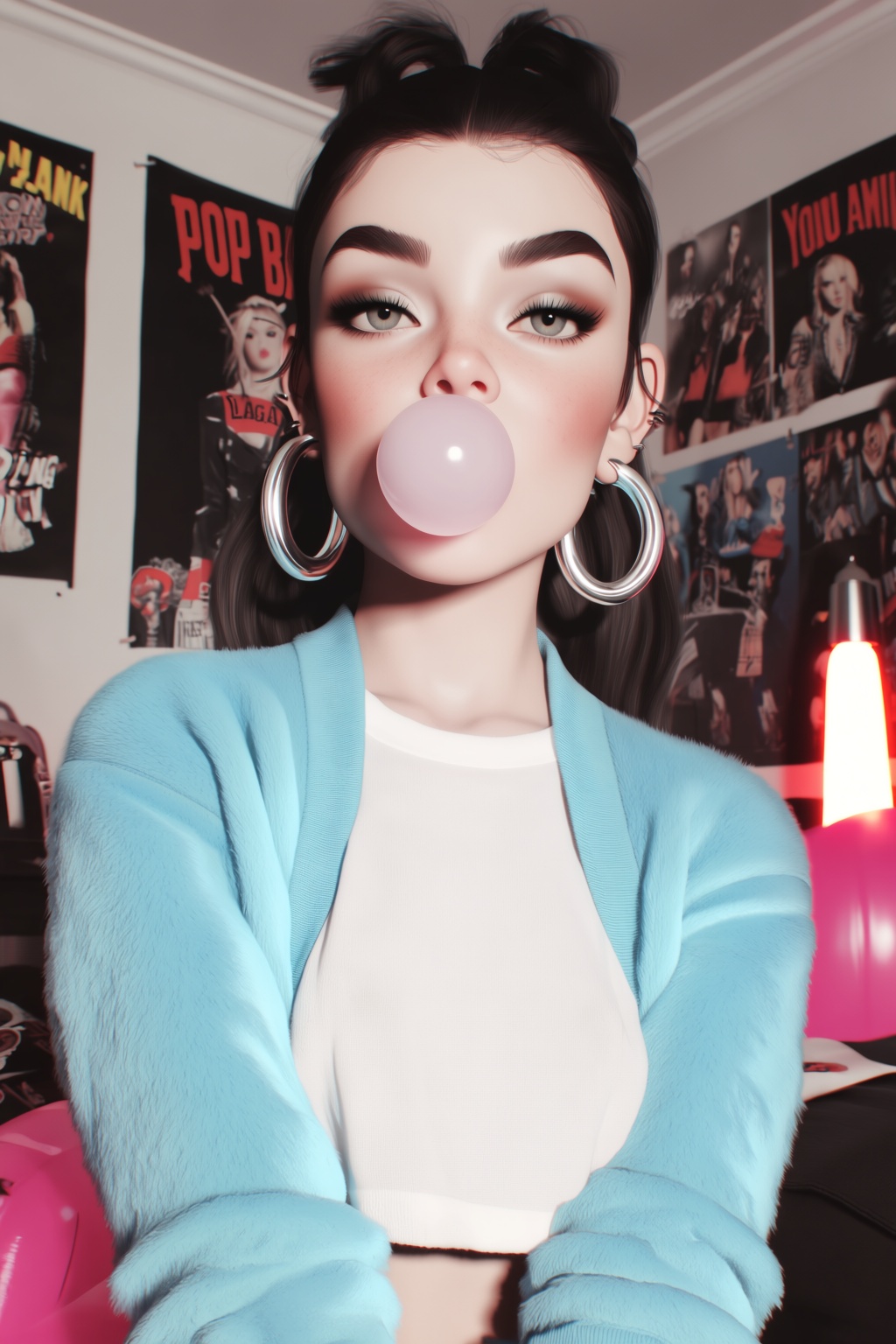 highres,  absurdres,  @B3R1THRX A young woman with crimped hair and oversized silver hoop earrings blows a bubblegum bubbl...
