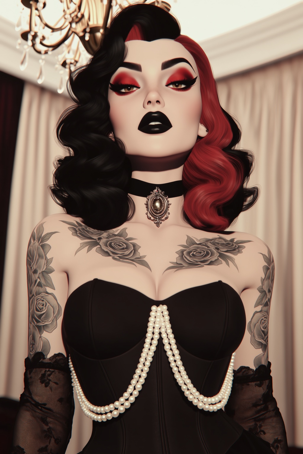 highres,  absurdres,  @B3R1THRX A woman with voluminous black-and-red wavy hair and bold vintage makeup—dark winged eyelin...