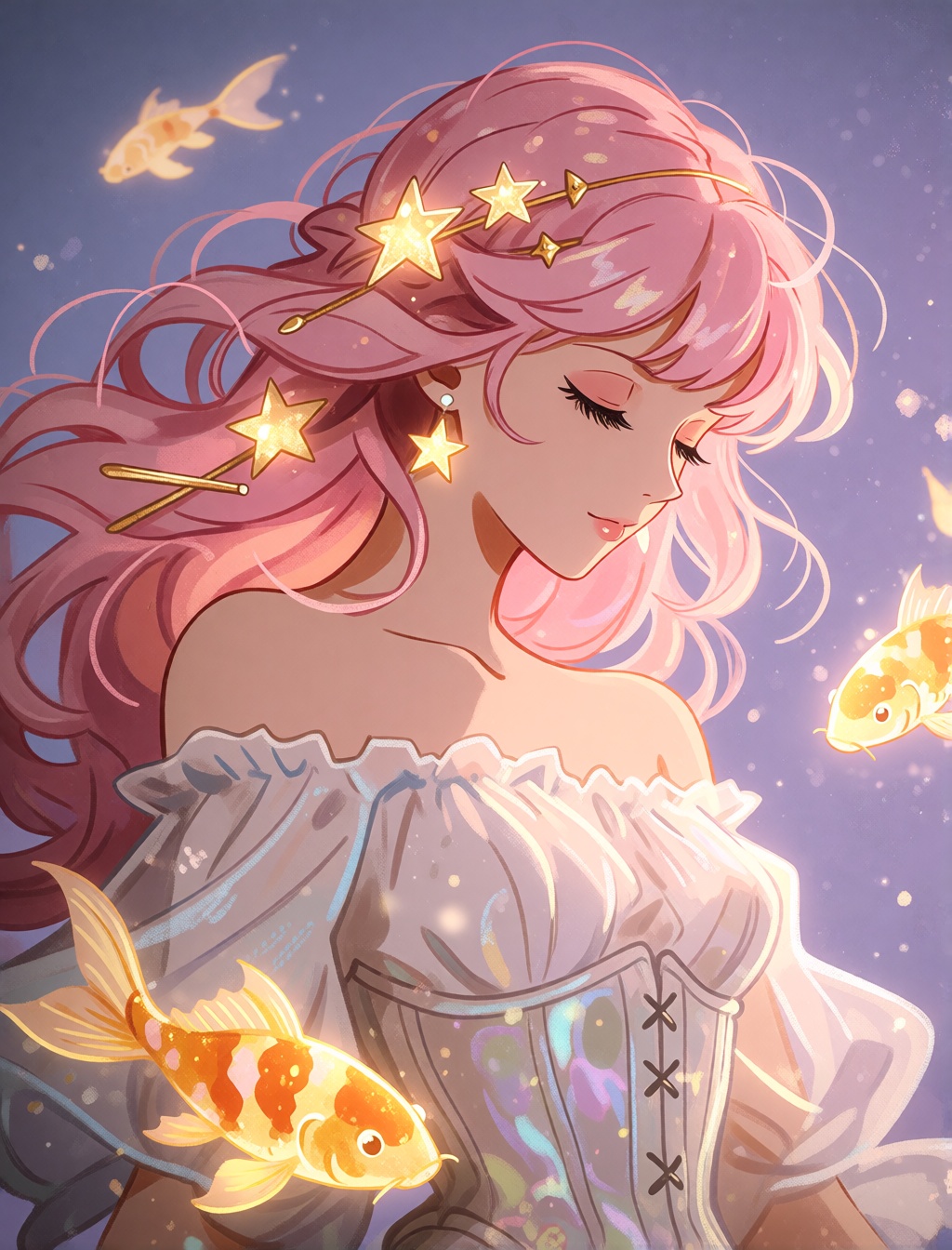 An ethereal anime-style portrait of a woman with long cascading translucent pastel-pink hair,  decorated with glowing gold...