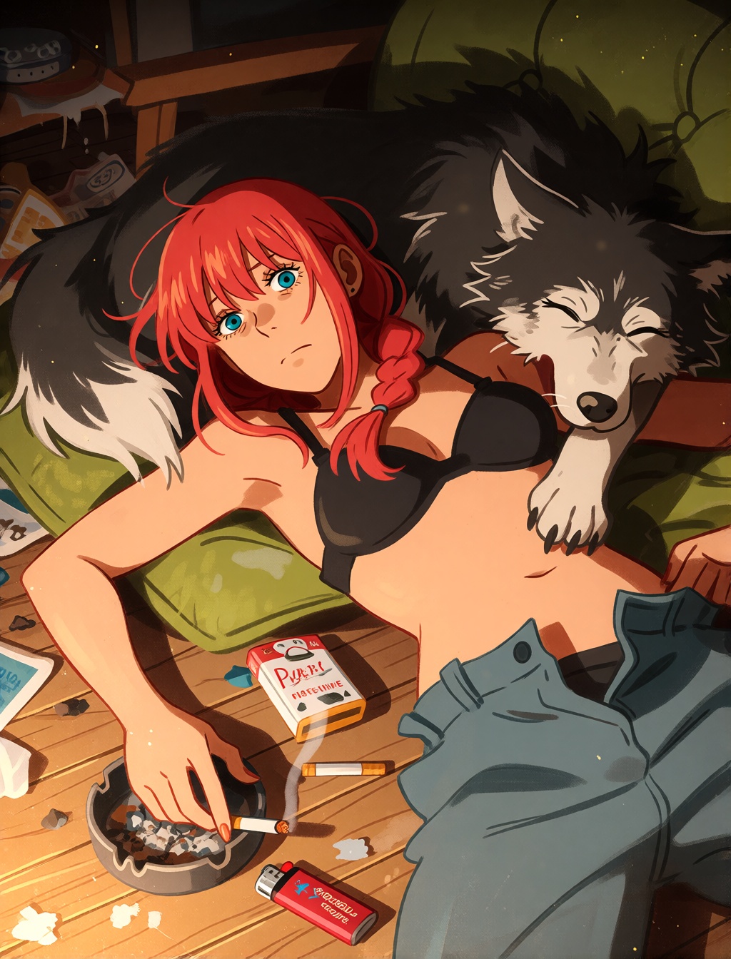 A tired-looking Makima lies sprawled on the wooden floor of a messy living room,  one arm lazily dangling a cigarette over...