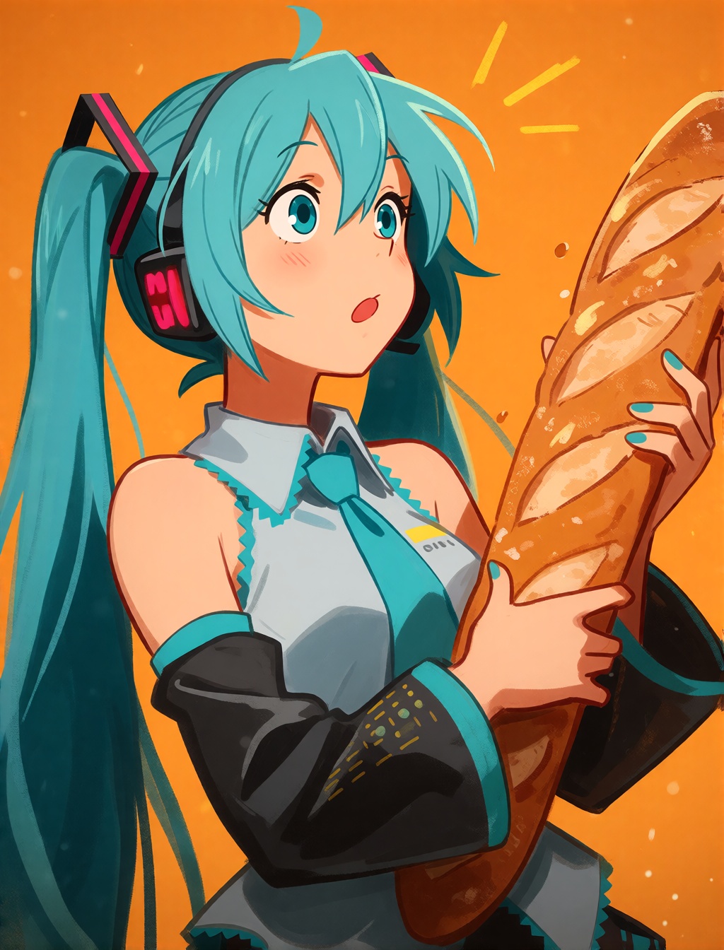 Hatsune Miku is shown from a three-quarter side view,  upper body focused,  against a bright orange background. She has he...