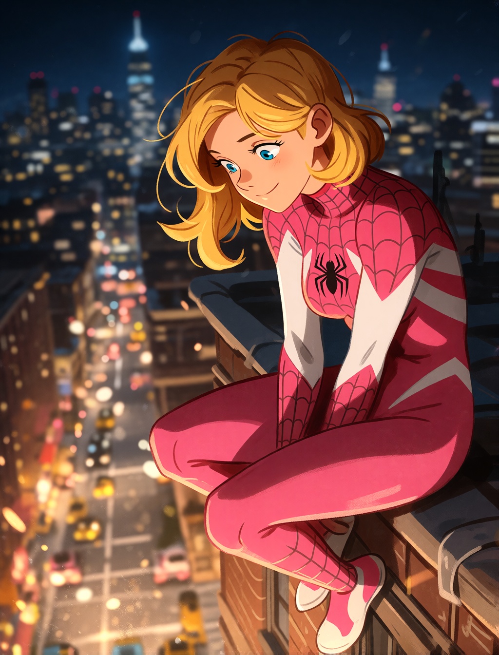 A cowboy shot of Gwen Stacy as Spider-Woman sitting on the edge of a building at night,  viewed from a slight high angle....
