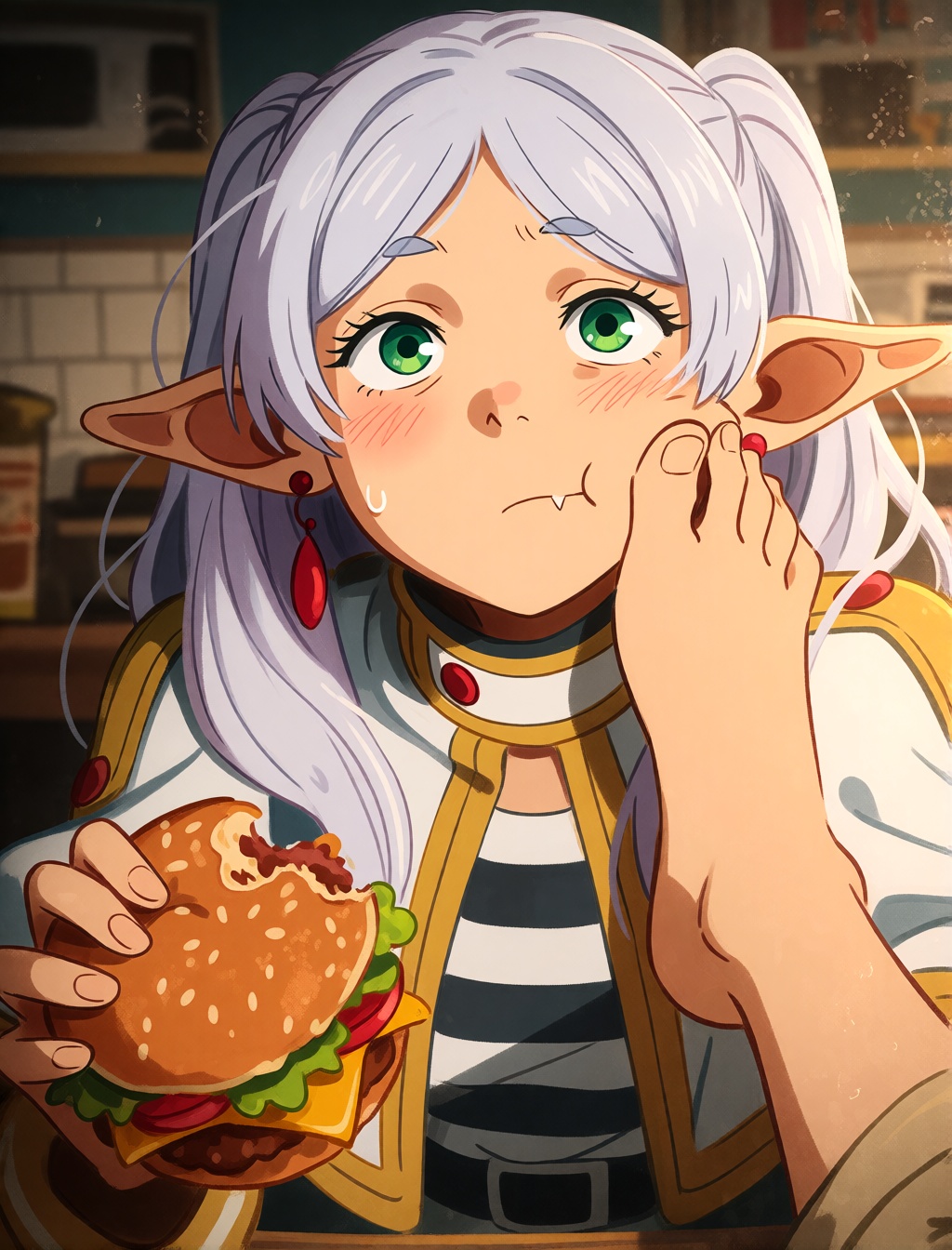 A close-up of Frieren with long silver hair tied back and green eyes,  looking slightly upward with a soft blush and a sli...