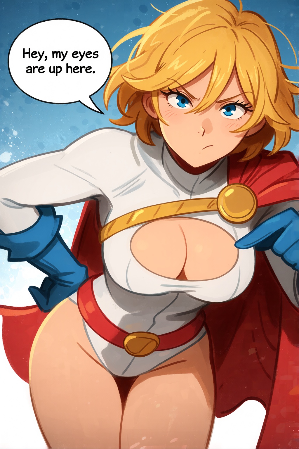 Power Girl stands leaning slightly forward,  looking at the viewer with a confident expression. She has short blonde hair...