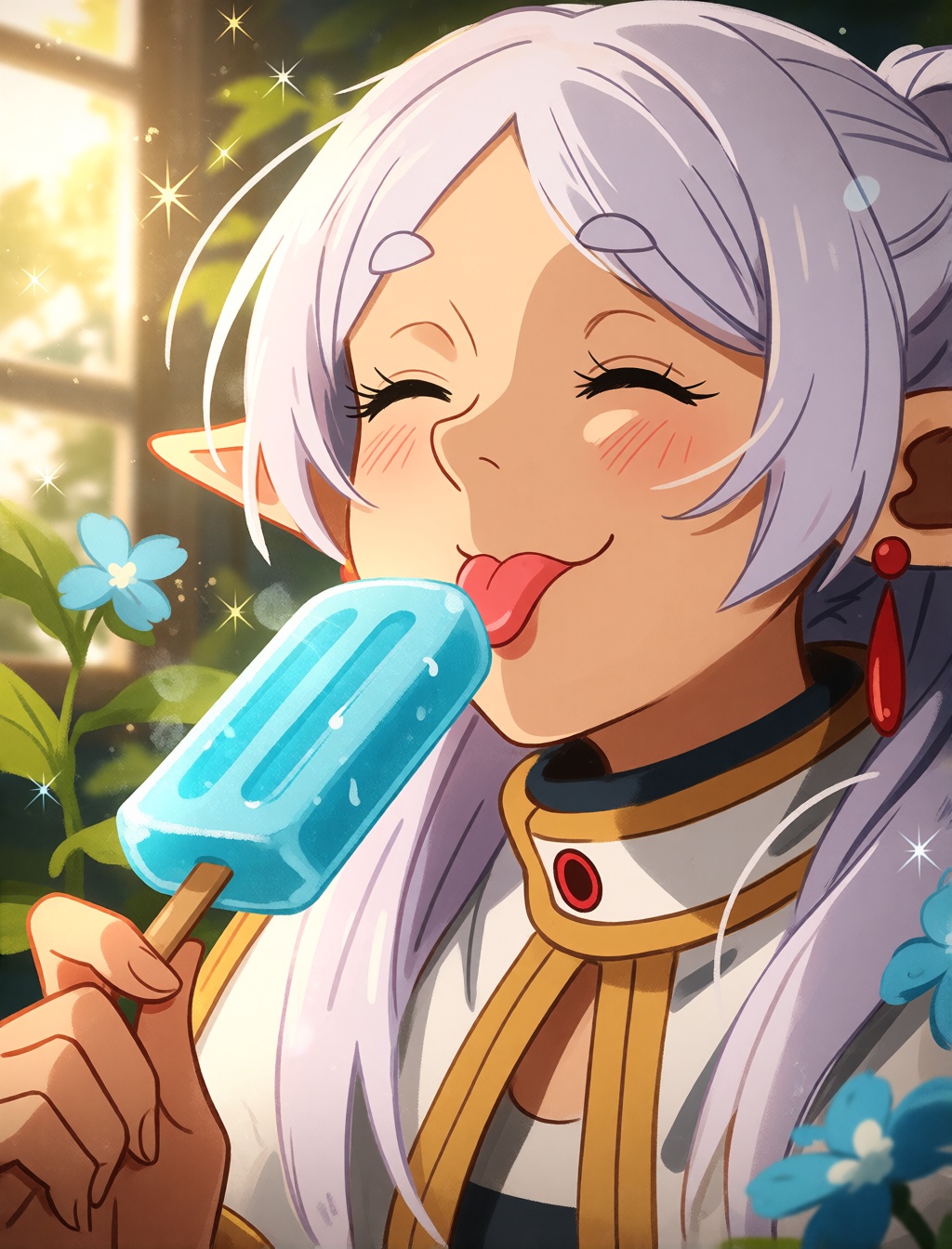A close-up of Frieren with long white hair and pointed elf ears,  eyes closed in pure enjoyment as she licks a light blue...