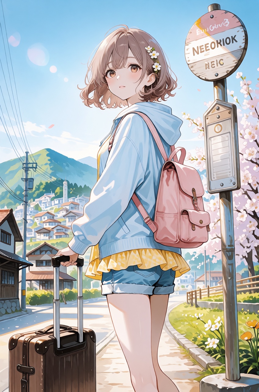 An anime illustration depicts a young woman standing in a three-quarter back posture beside a rustic wooden bus stop sign,...