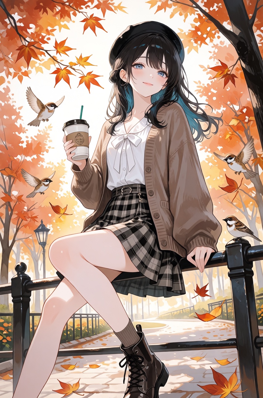 An anime illustration features a stylish young woman sitting gracefully on a metal park railing in a relaxed posture while...