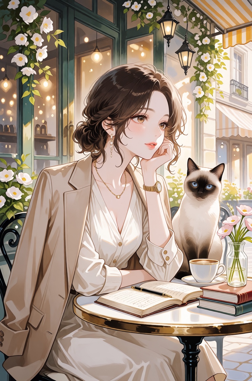 An anime illustration depicts a stylish young woman seated at an outdoor cafe table in a relaxed posture while resting her...