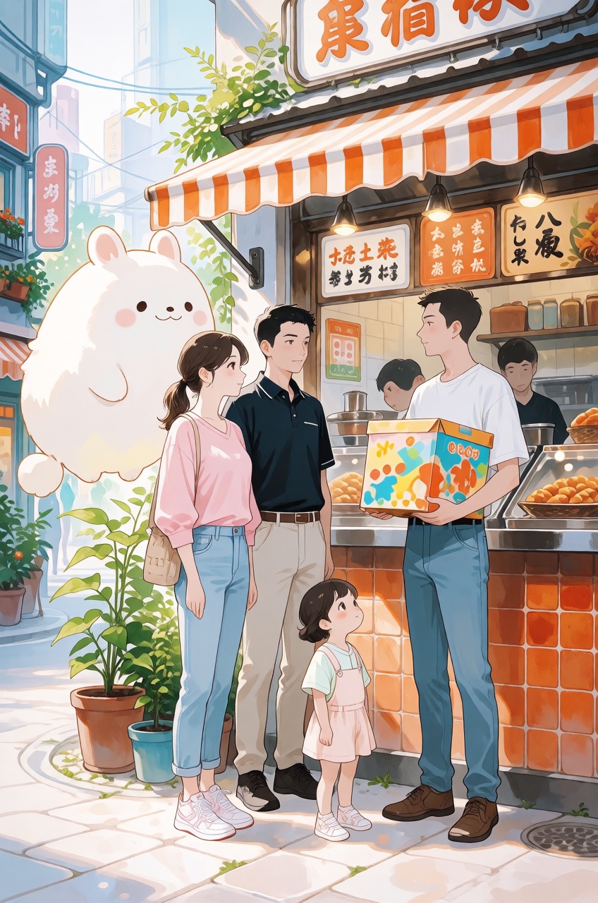 A peaceful and detailed anime illustration of a diverse group of people standing together on a city street. The group cons...