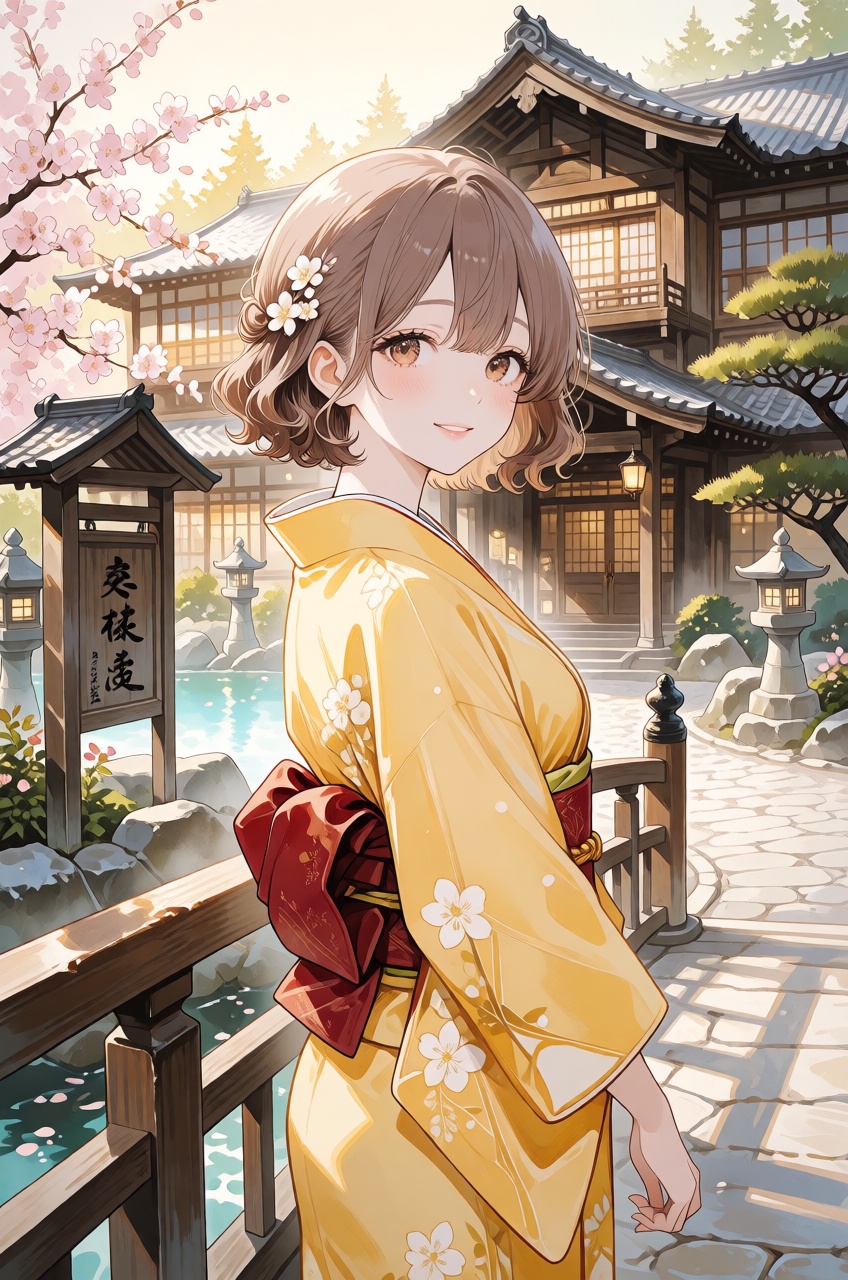 An anime illustration depicts a gentle young woman standing in a three-quarter back posture on a wooden bridge railing,  t...