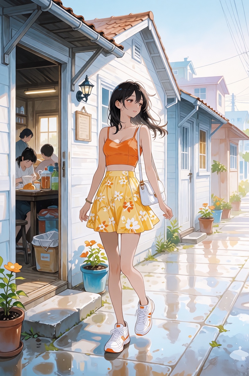A peaceful and detailed anime illustration of a young woman with dark hair and a tan complexion,  walking on a wet sidewal...