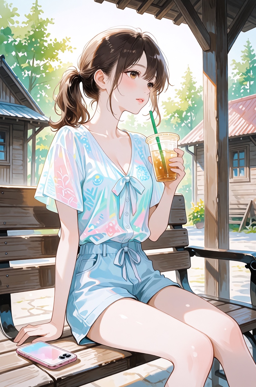A peaceful and detailed anime illustration of a young woman with brown hair tied in a loose ponytail. She is sitting on a...