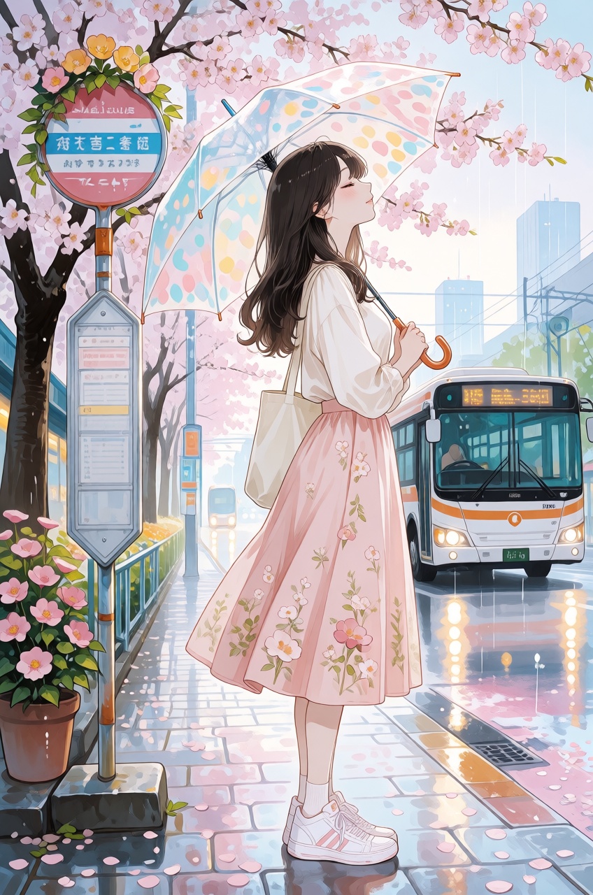 An anime illustration features a peaceful young woman standing in a profile posture at a bus stop under a light rain,  til...