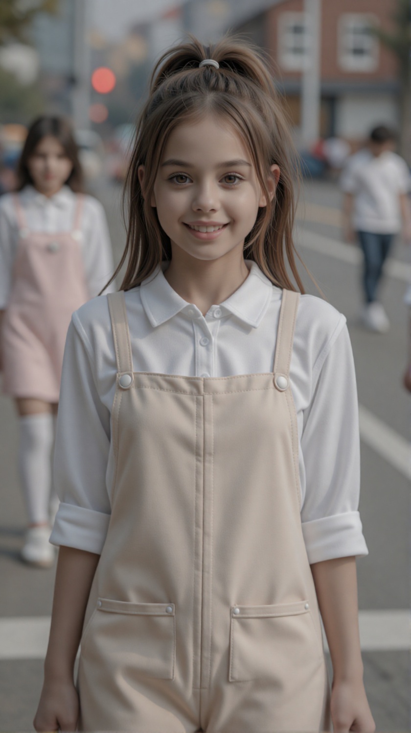 A young woman dressed in a light-colored apron,  stands gently smiling in a shallow depth of field and on background a you...