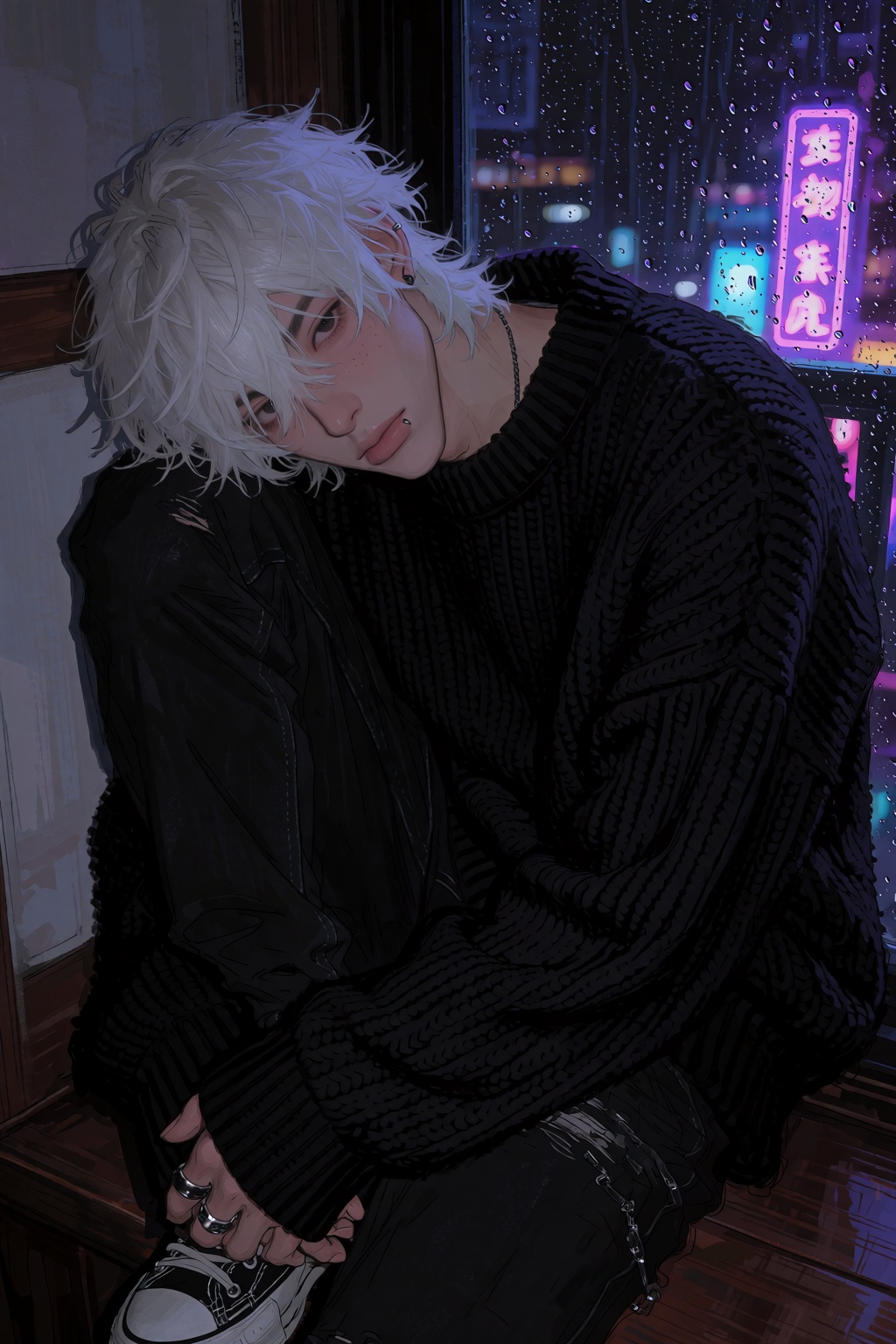 highres,  absurdres,  @4**0D4YX A soft-featured young man sits curled up on a wide on Tensor.Art
