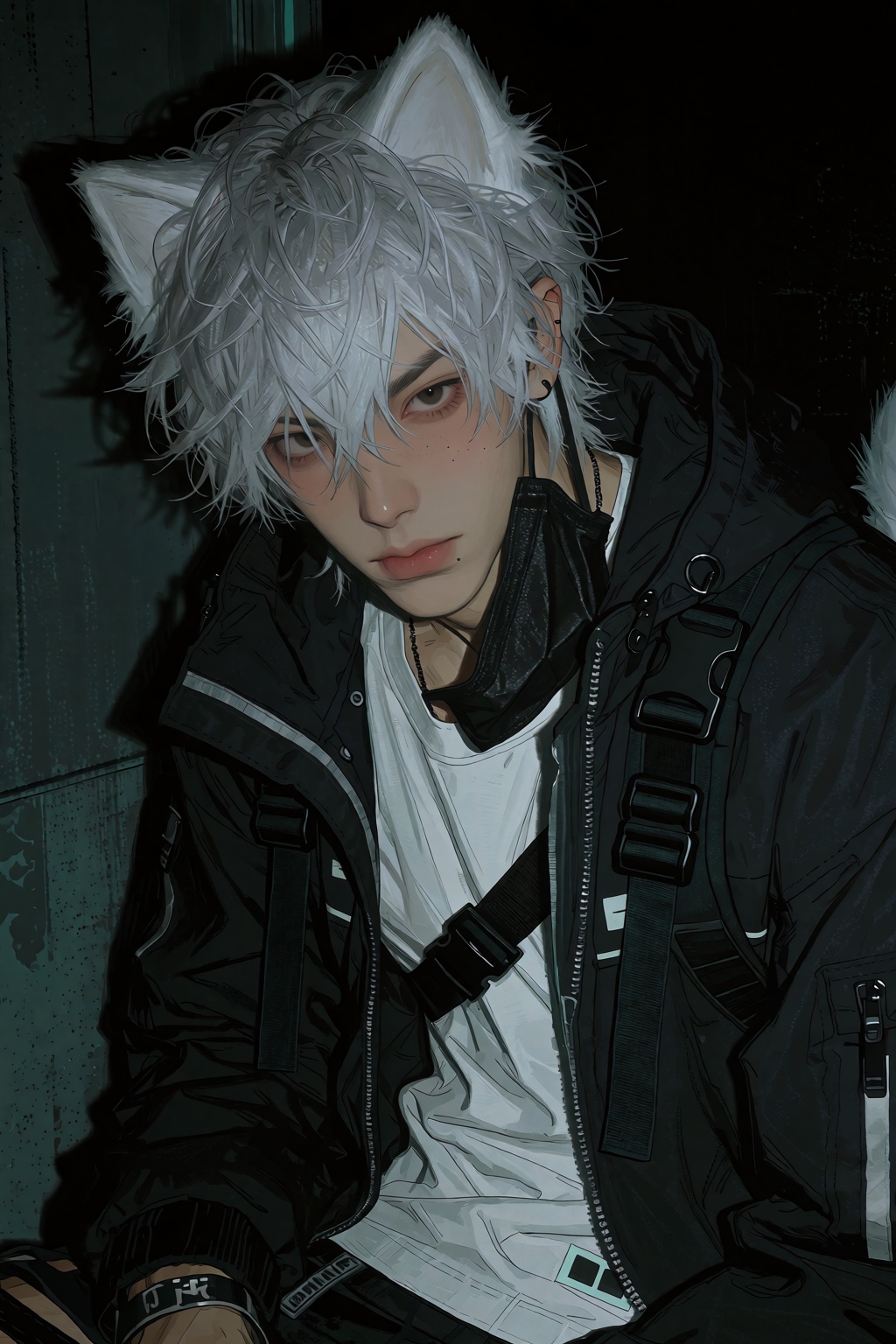 highres,  absurdres,  @4**0D4YX 10. A young man with messy silver hair and white feline ears gazes intensely forward on Te...