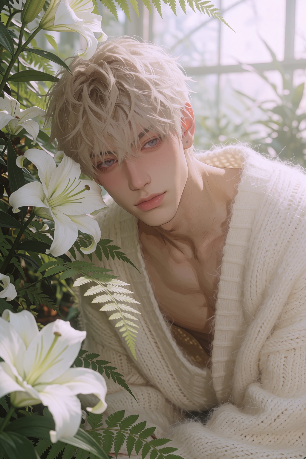 highres,  absurdres,  @4**0D4YX A young man with light ash-blonde hair and pale lavender eyes looks gently downward on Ten...