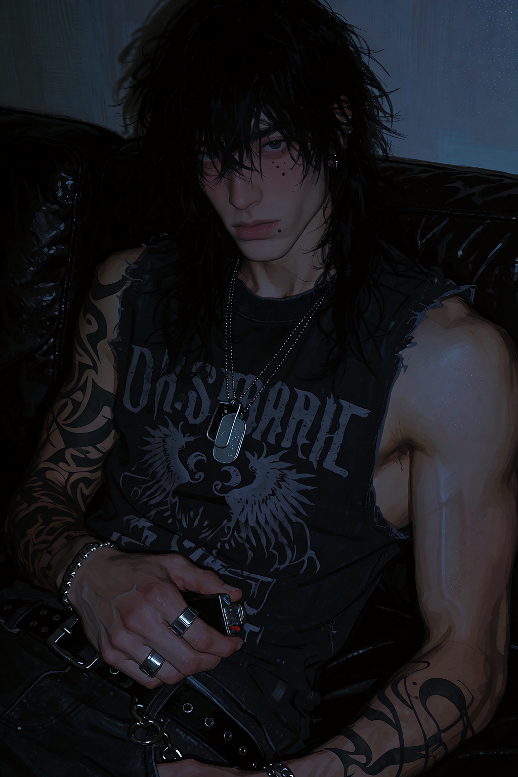 highres,  absurdres,  @4**0D4YX 16. A young man with long messy black hair leans back against a dark leather couch. He wea...