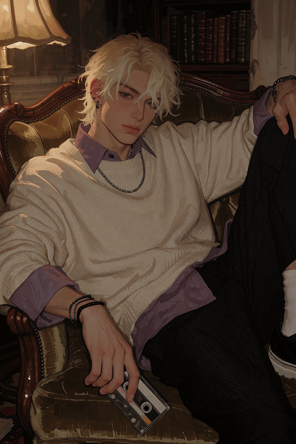 highres,  absurdres,  @4**0D4YX A young man with wavy platinum-blond hair tucked behind one ear lounges across a vintage v...
