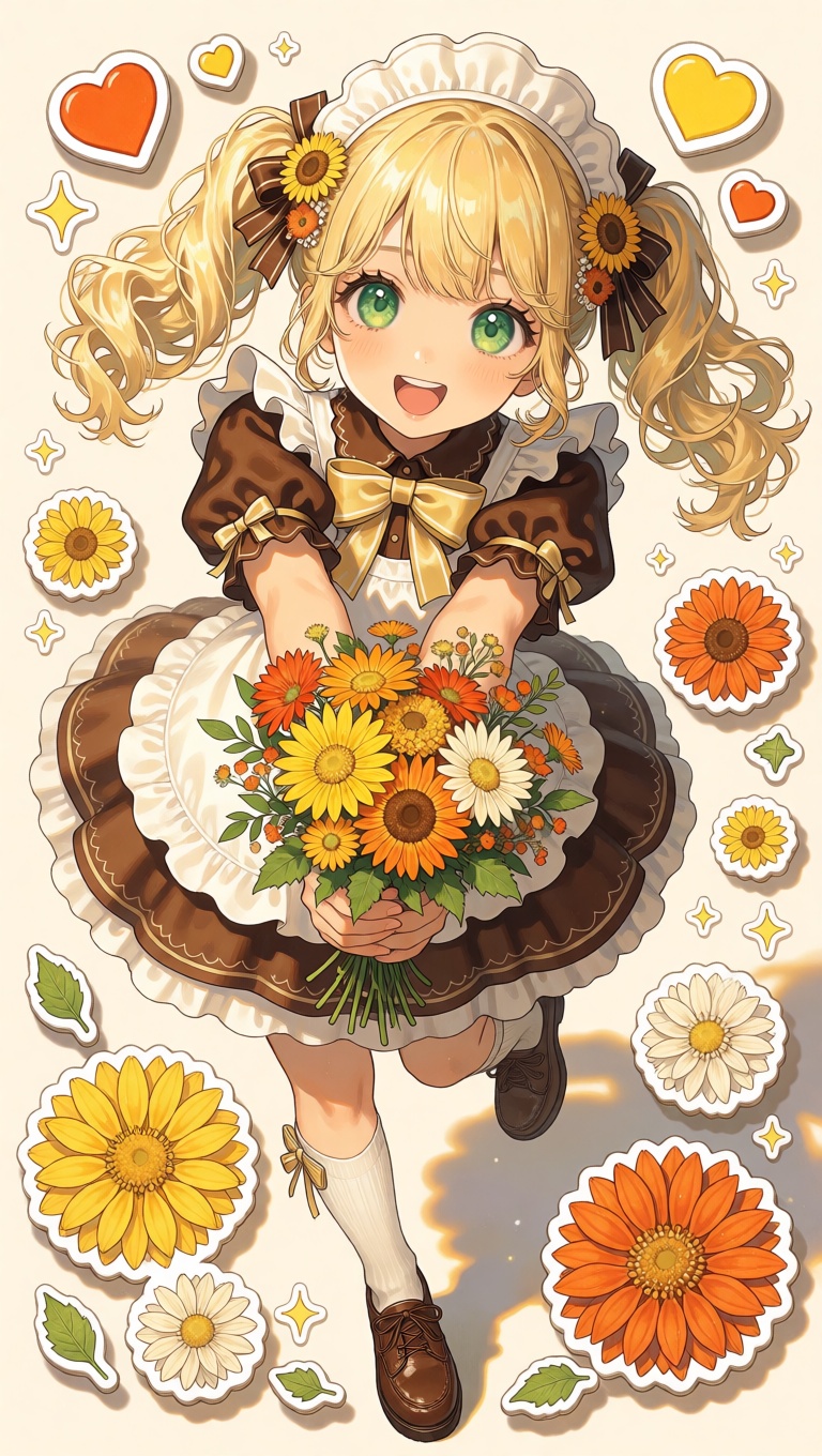 a full body drawing of a tiny cute anime girl,  solo,  early autumn flower theme on Tensor.Art